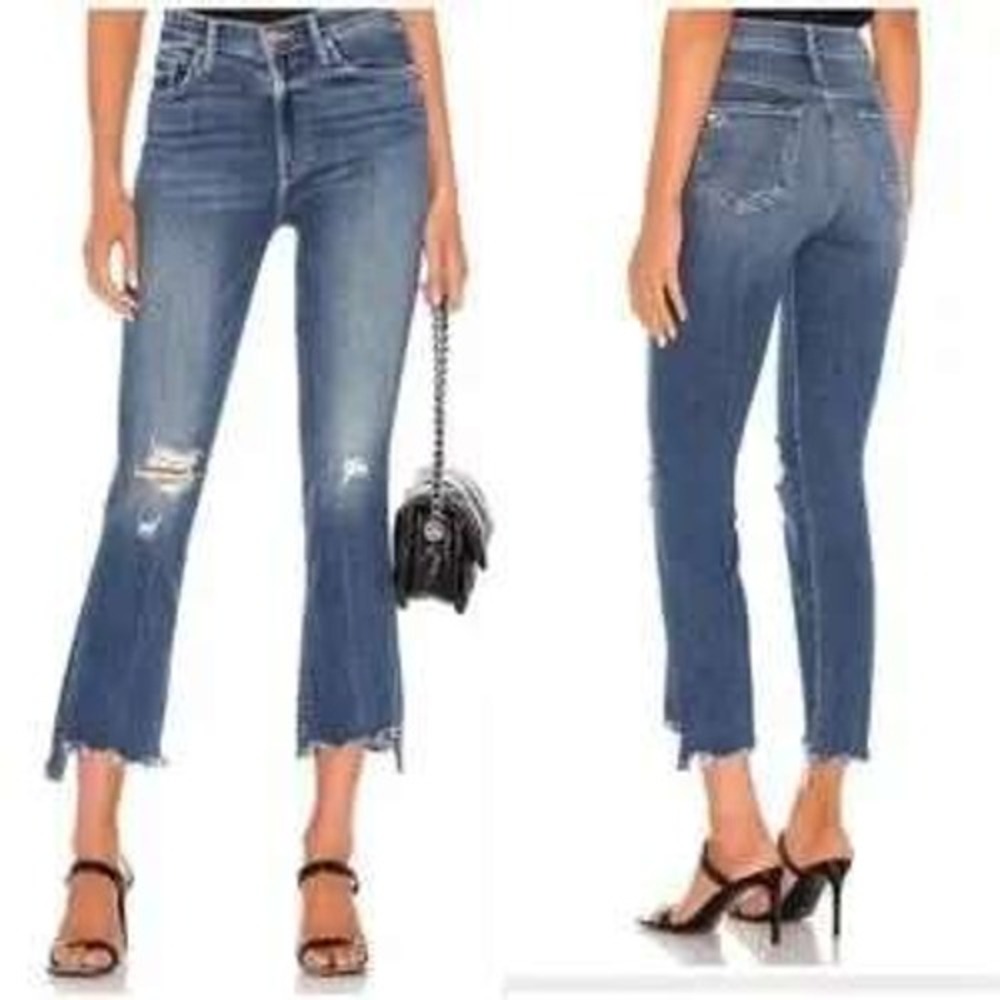 MOTHER Denim‎ Flare Jeans Women Distressed Cropped Raw Hem Blue Size 28x26